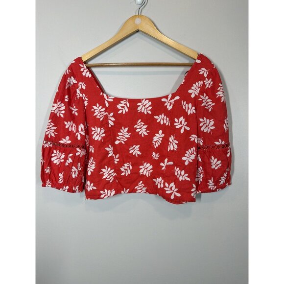 Ann Taylor Red Floral Linen Blend Puff Sleeve Crop Top Blouse Size 10 Boho Chic - Picture 1 of 8